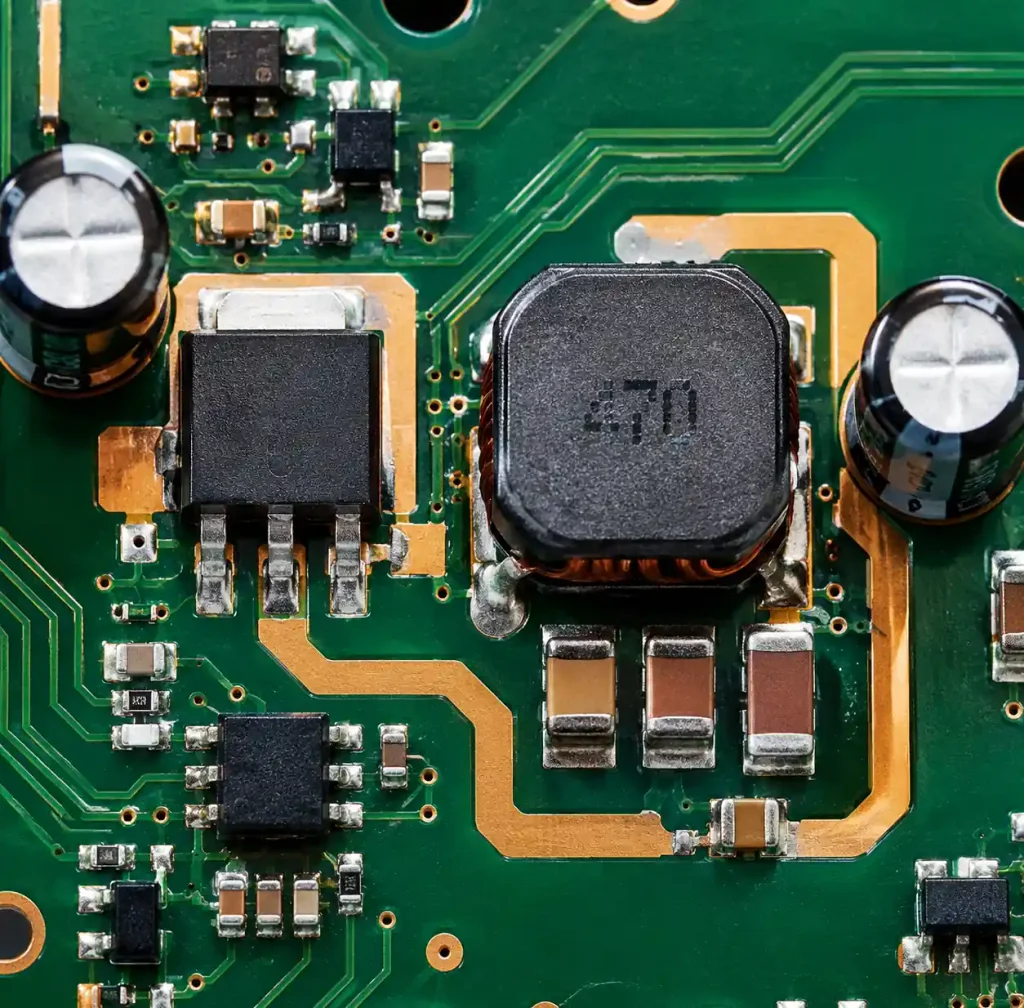 Close-up view of LED driver power stage component placement on PCB