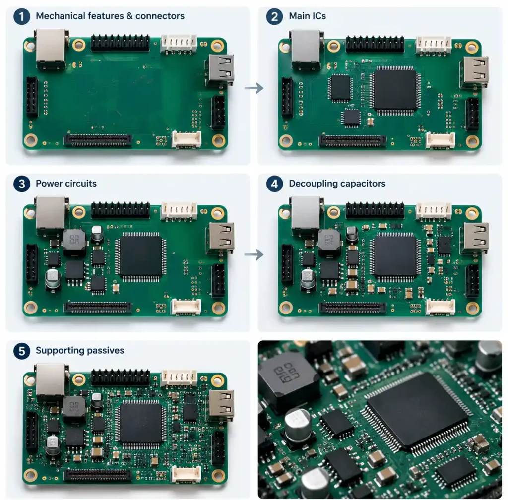 Step-by-step component placement sequence showing connectors, ICs, power components, and passives