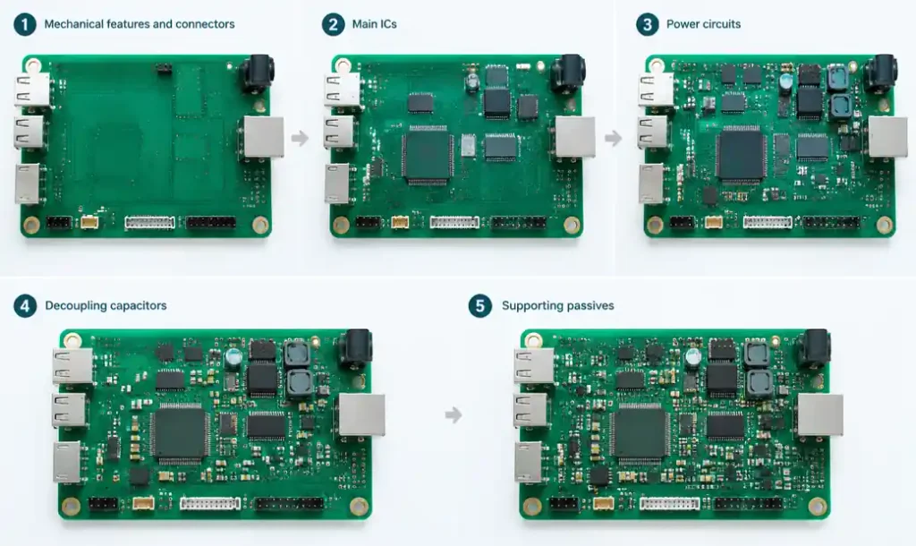 Step-by-step component placement sequence showing connectors, ICs, power components, and passives