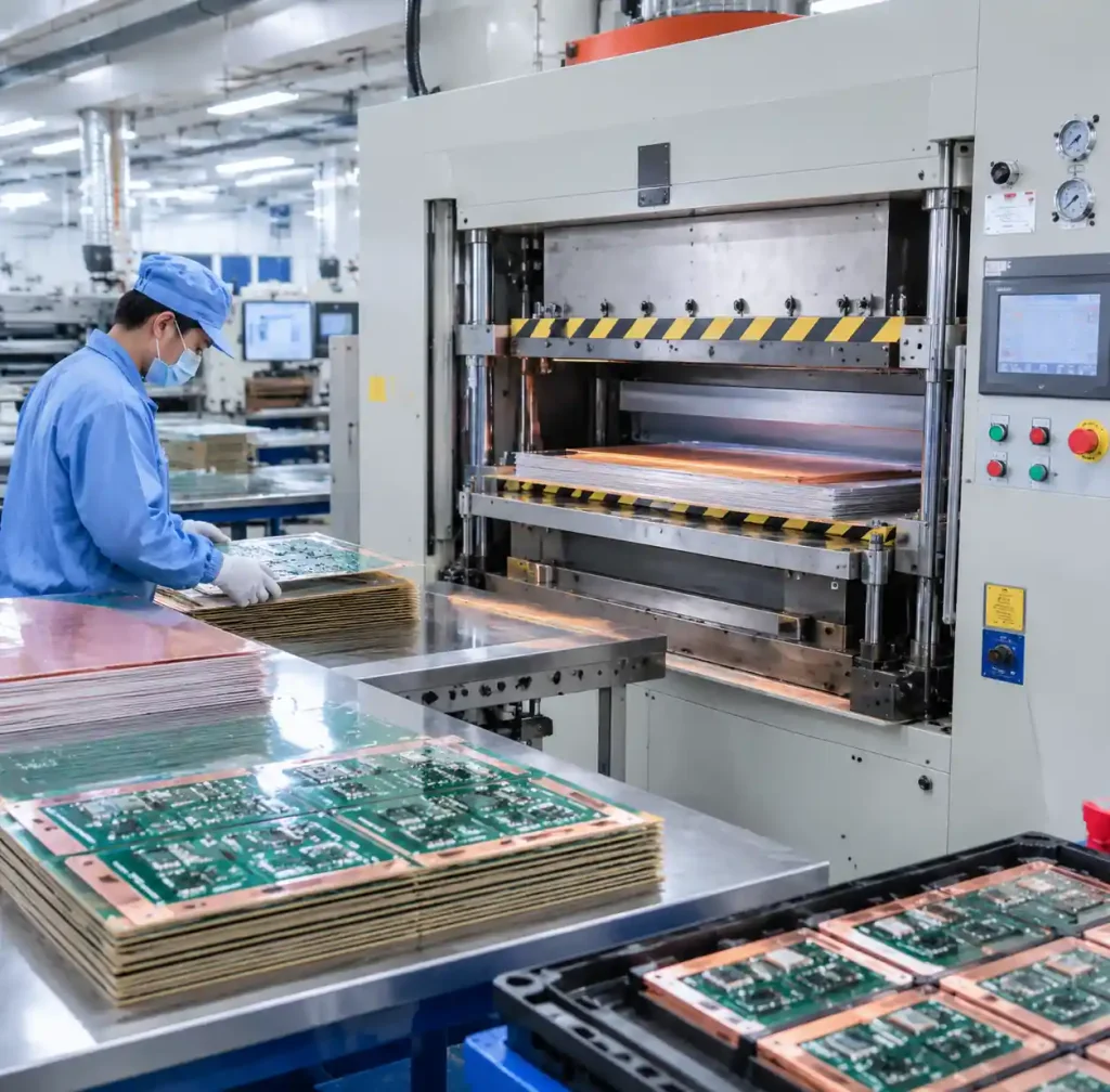 PCB lamination press showing vacuum lamination process for embedded component boards