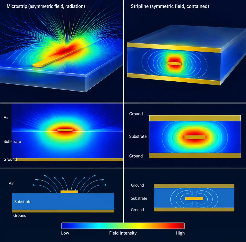 Electromagnetic field distribution comparison between microstrip and stripline showing radiation patterns and shielding effectiveness