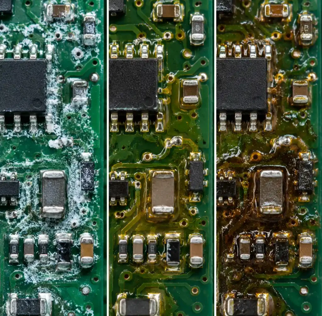 Comparison of water-soluble no-clean and rosin flux residue on PCB