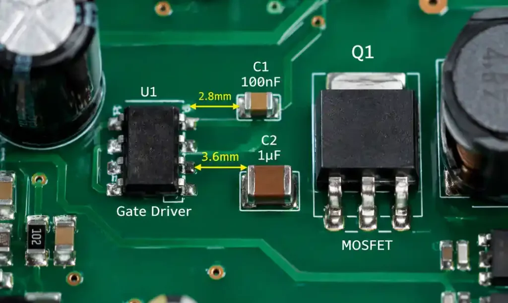 Optimal decoupling capacitor placement for gate driver ICs in motor drive PCB