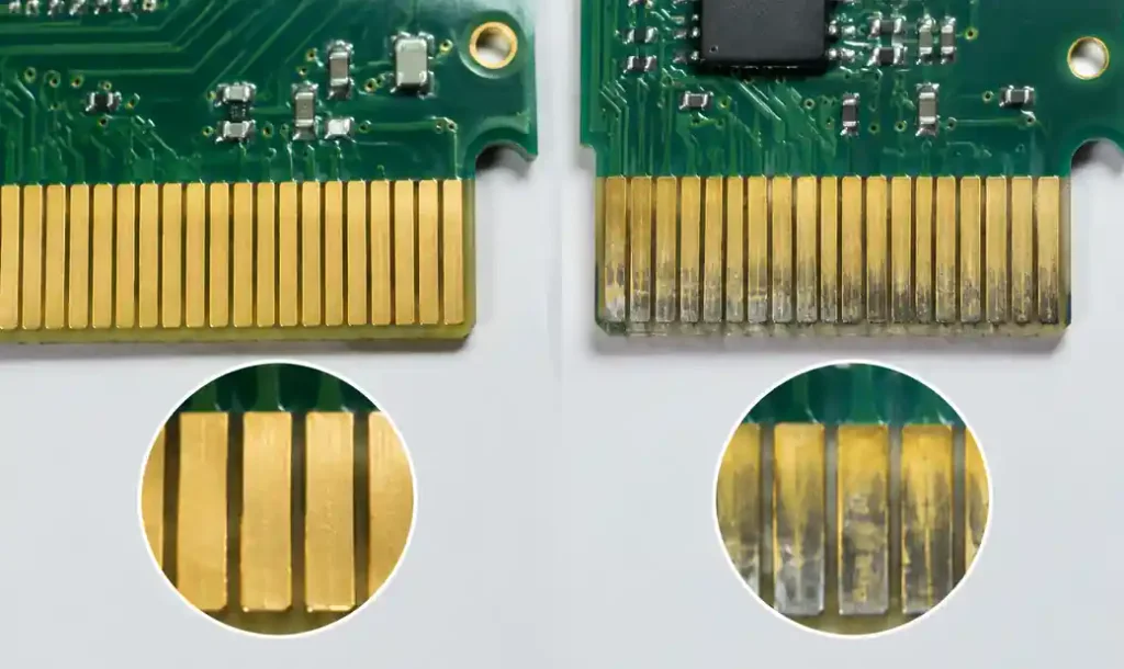 Comparison of electroplated hard gold versus ENIG surface finish on PCB edge connectors after insertion testing