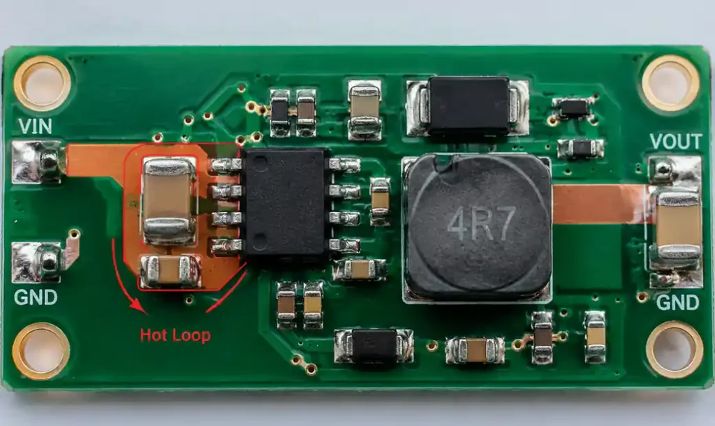 PCB layout showing hot loop current path minimization in buck converter design