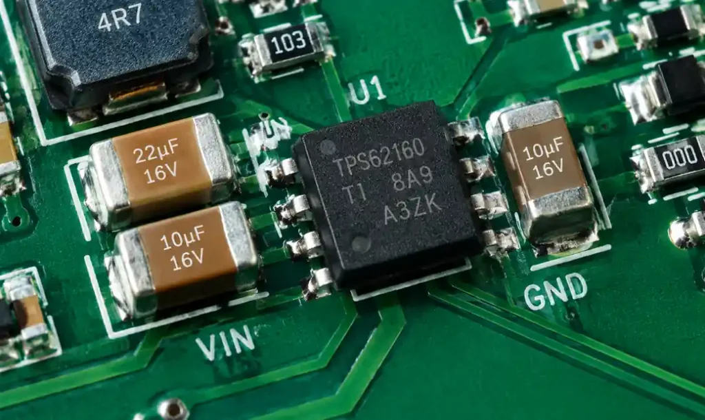 Close-up of input capacitor placement directly adjacent to switching IC power pins