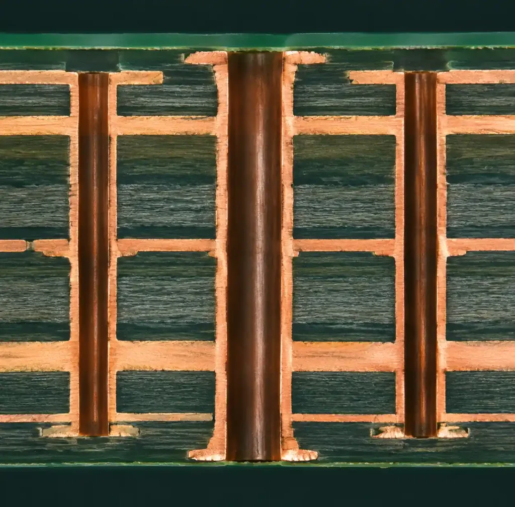 IPC-6012 Class 3 PCB microsection showing copper barrel plating and annular ring measurement