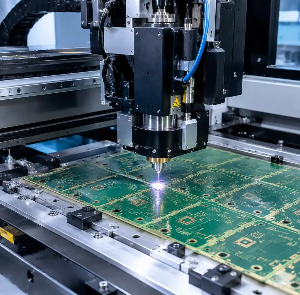 Laser drilling equipment creating blind vias in HDI PCB manufacturing