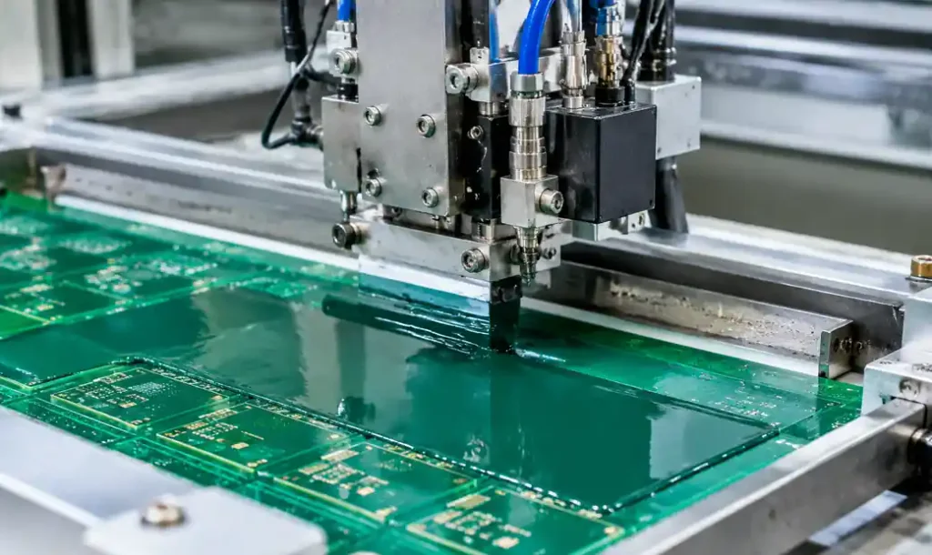 LPI liquid solder mask application on PCB manufacturing line with coating equipment