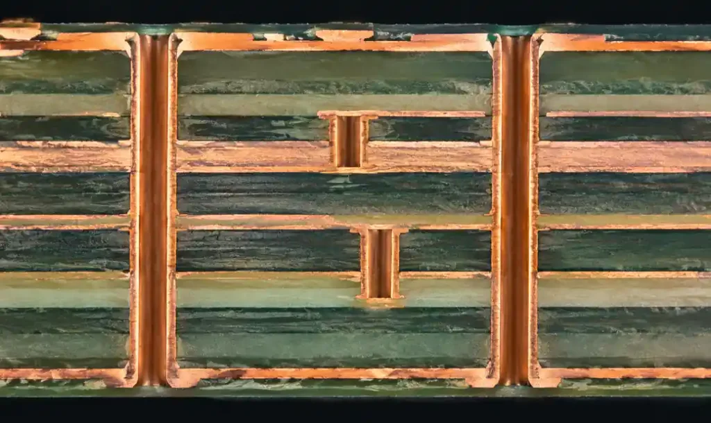 Military-grade multilayer PCB cross-section showing layer stackup construction