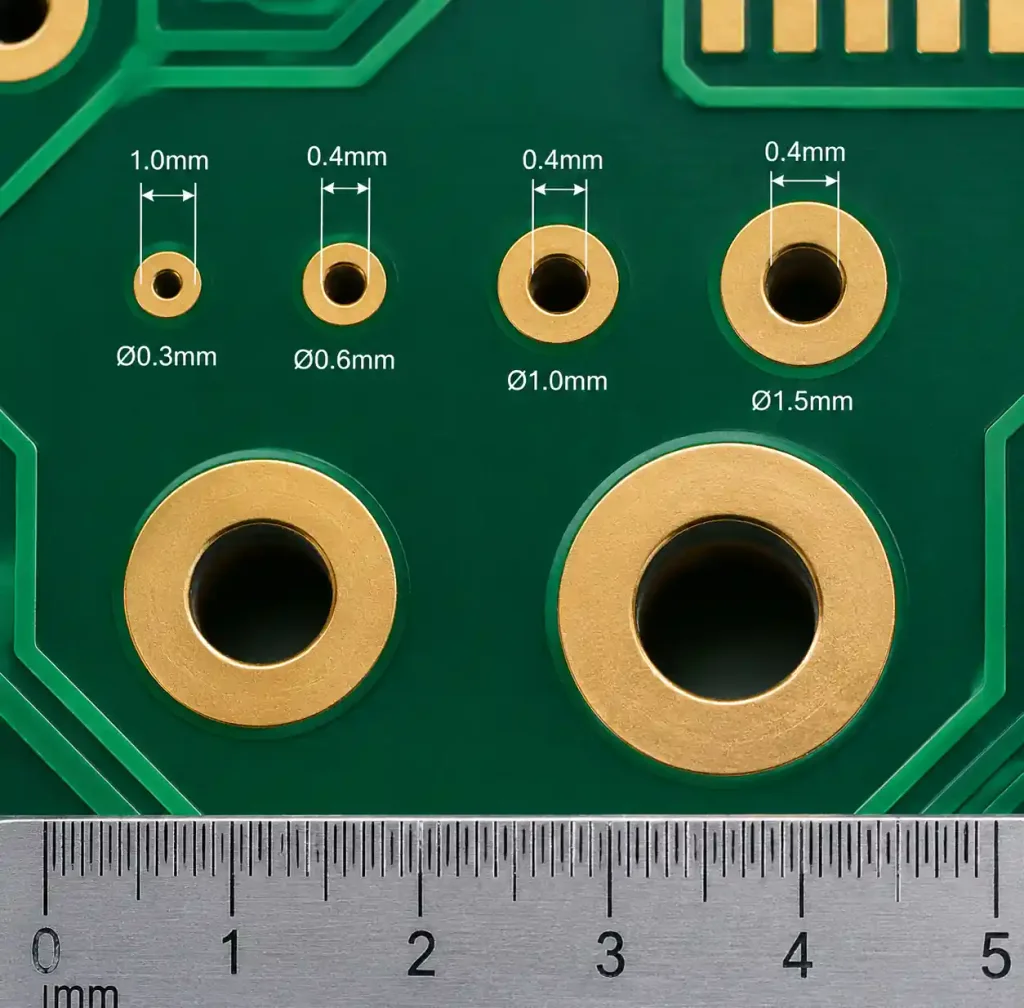 PCB pad design showing annular ring dimensions and hole-to-pad ratios for wave soldering