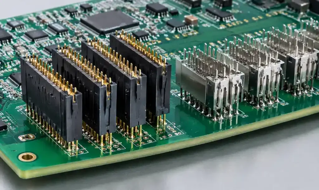 Telecom backplane assembly comparing press-fit connector zone and traditional wave-soldered through-hole connectors