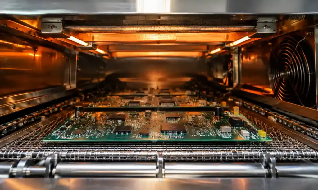 Reflow oven thermal soak zone showing PCB assembly during temperature equilibration