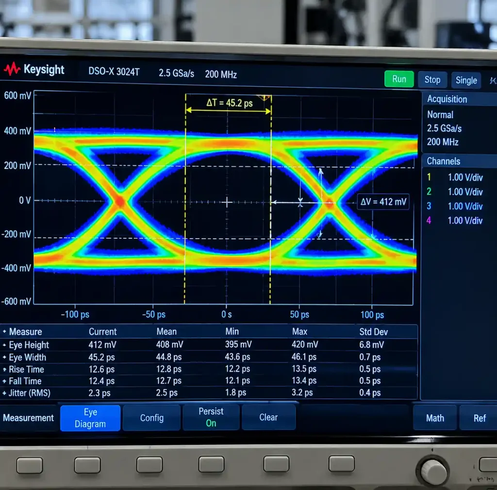 Oscilloscope displaying eye diagram for high-speed signal quality analysis