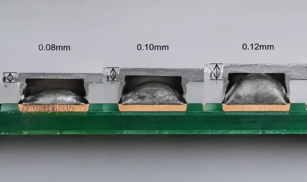 Cross-section comparison of different stencil thickness options for fine pitch SMT components