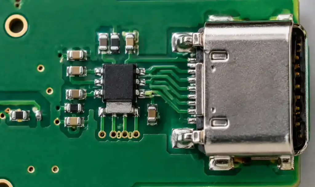 Close-up PCB photograph showing proper TVS diode placement within 5mm of USB connector with multiple ground vias