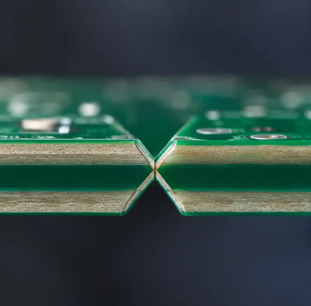 Close-up of V-cut scoring groove on PCB panel edge