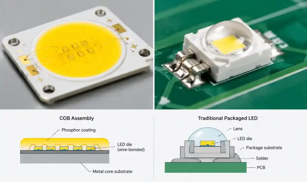 COB LED direct die attachment compared to traditional packaged LED showing thermal interface reduction