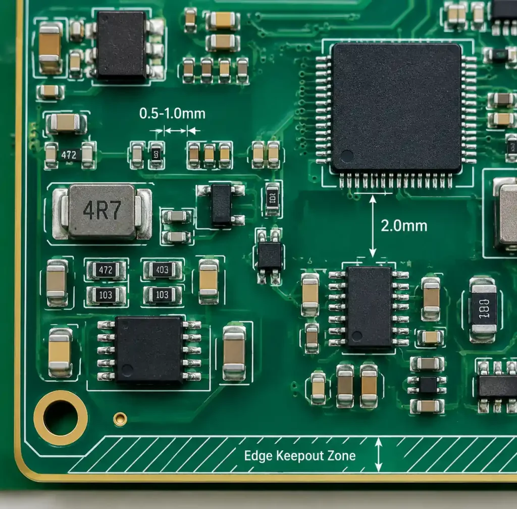 PCB close-up showing minimum spacing between SMT components with measurement indicators