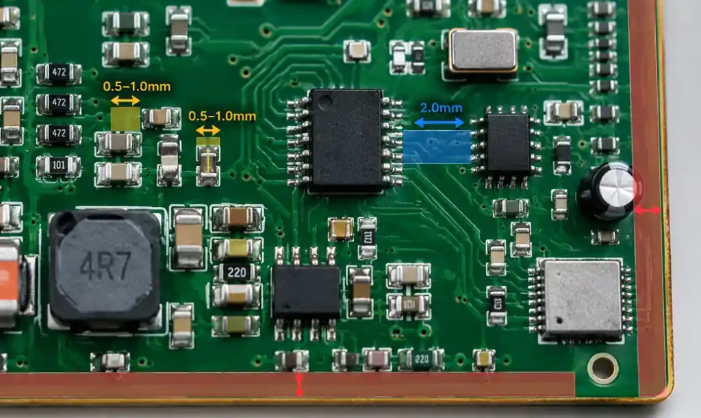 PCB close-up showing minimum spacing between SMT components with measurement indicators