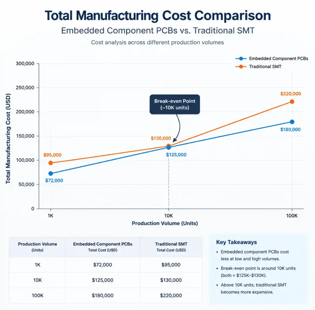 Production cost comparison graph showing embedded components versus SMT across different manufacturing volumes