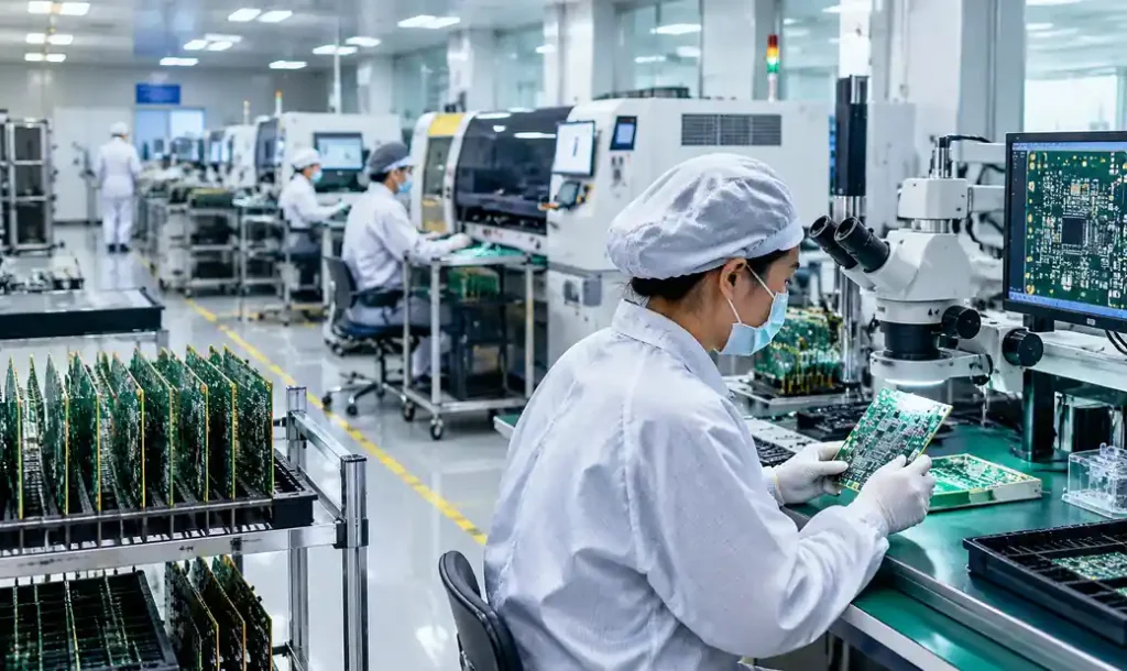 Defense and aerospace PCB assembly production floor with quality control stations