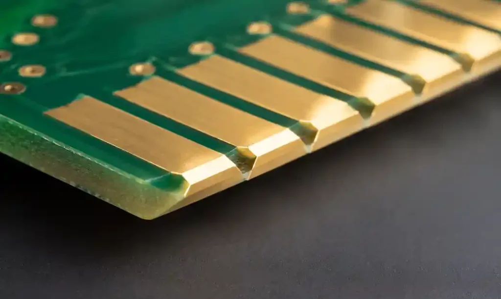 PCB edge showing 45-degree bevel on gold fingers for smooth connector insertion