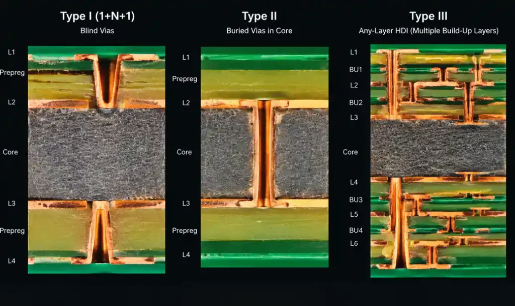 HDI PCB stackup comparison showing Type I, Type II, and Type III buildup structures