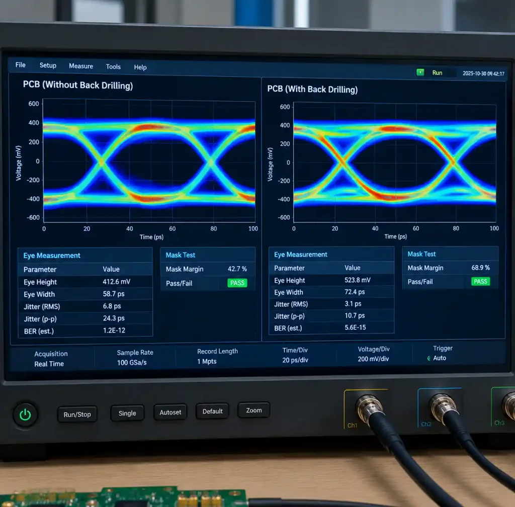 High-speed PCB signal integrity measurement showing via stub effects on eye diagram