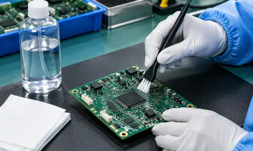 Manual PCB cleaning with IPA and brush showing proper technique