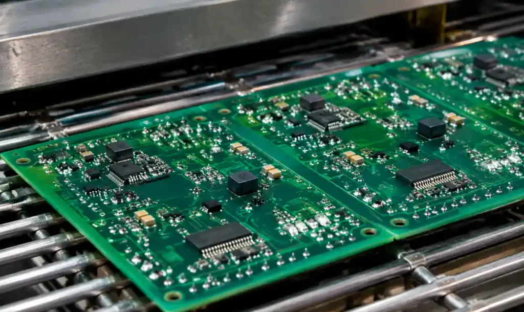 PCB assembly during controlled cooling phase after reflow soldering