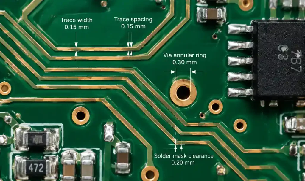 PCB design showing trace width, spacing, and annular ring measurements