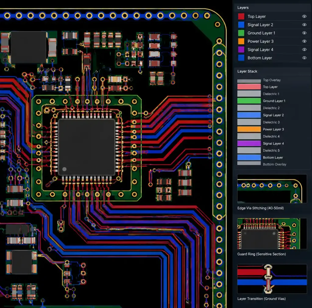 PCB layout design view showing ESD-optimized trace routing with ground return paths and via stitching