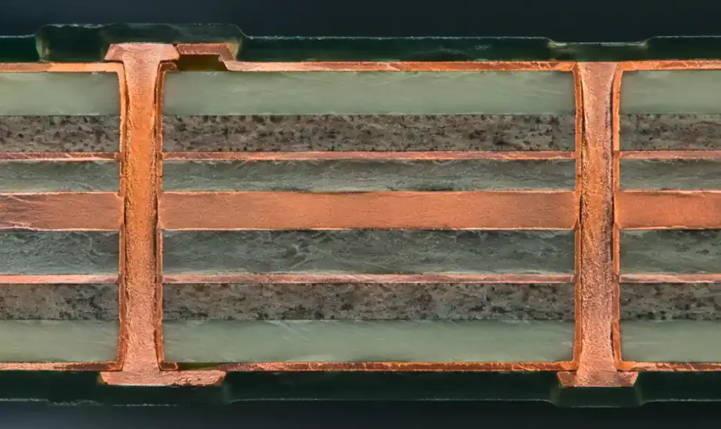 PCB cross-section showing multilayer stackup with dielectric thickness