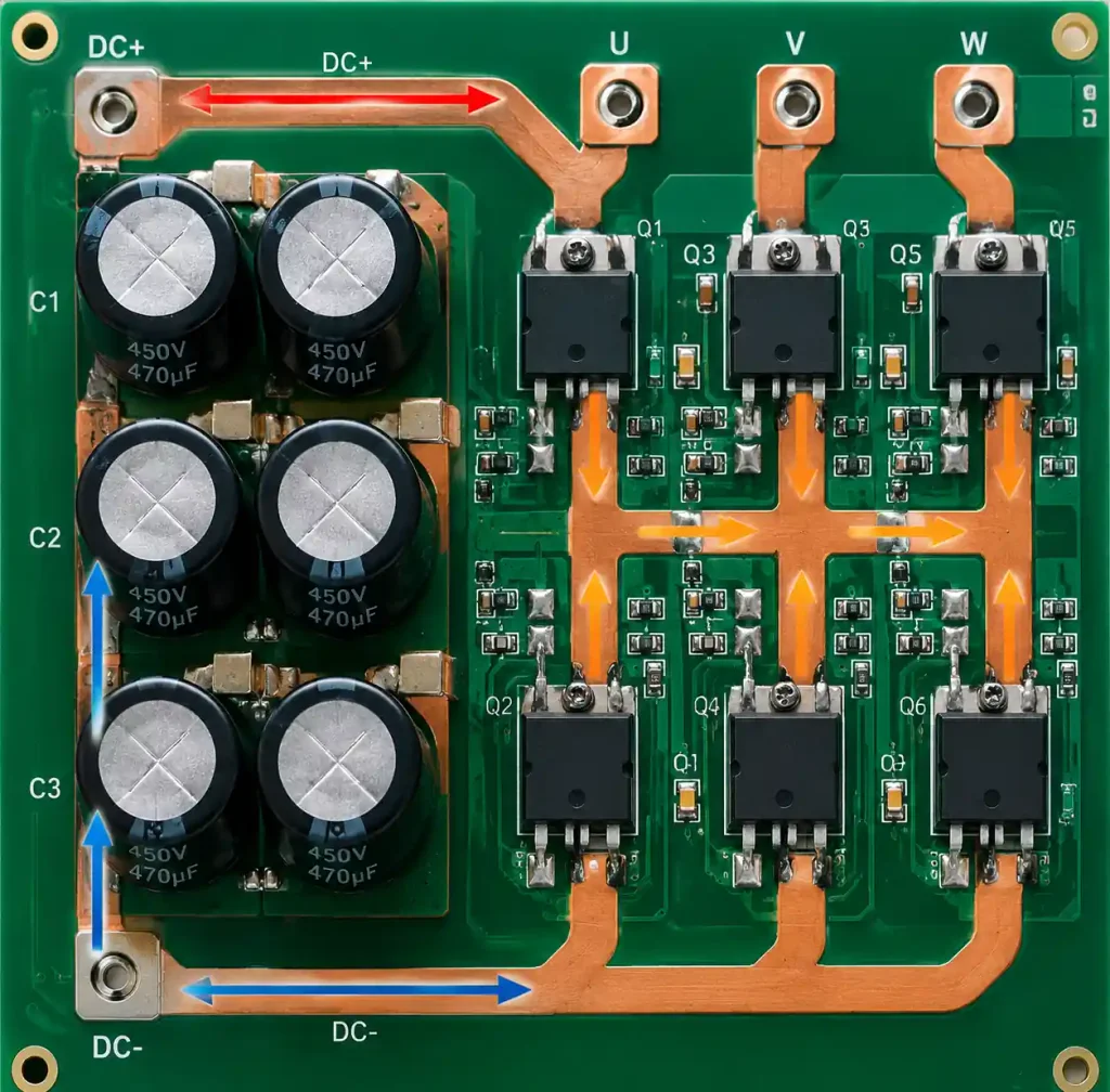 High-current switching loop layout showing DC link capacitors and MOSFETs positioning
