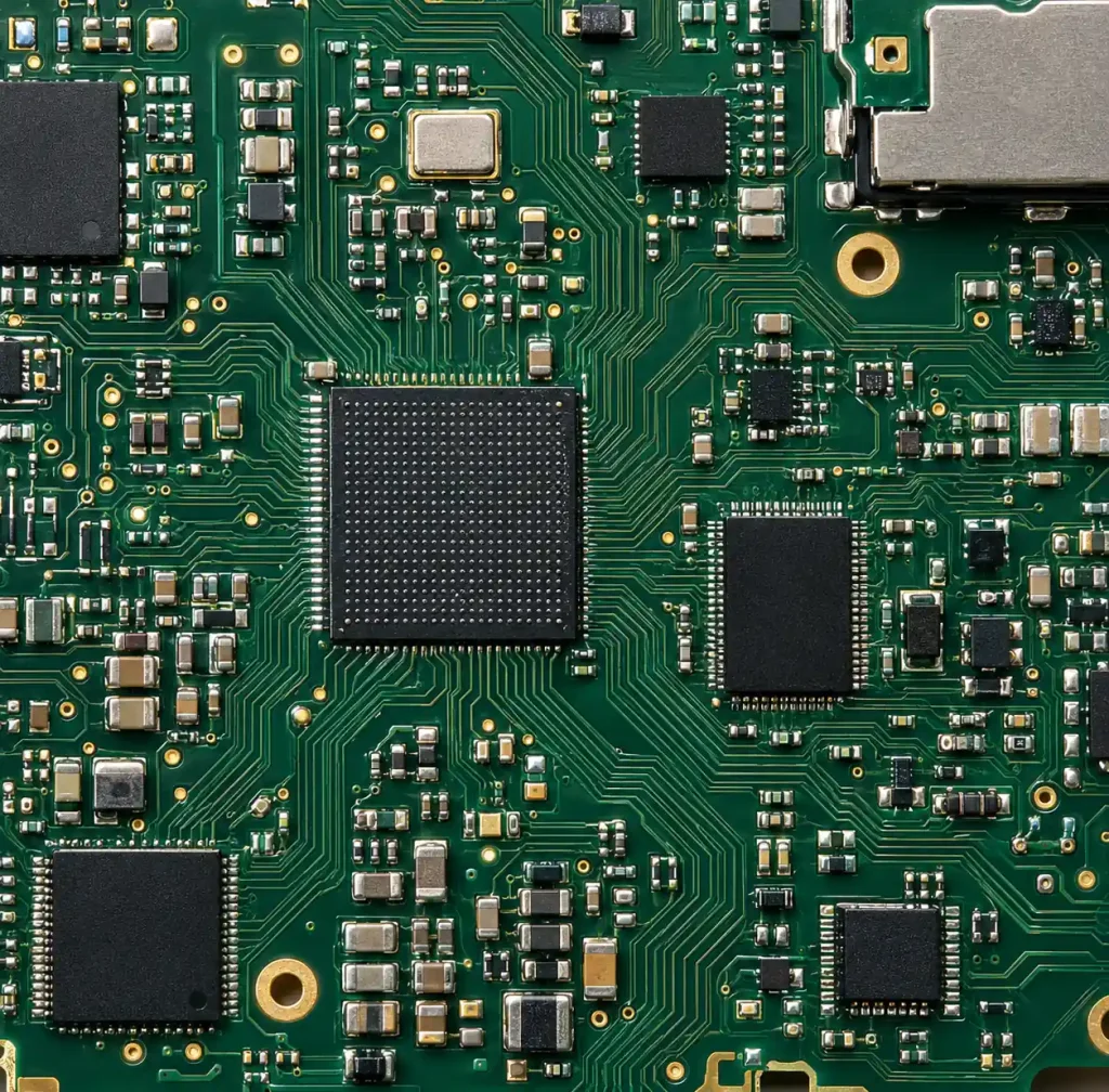 Consumer electronics PCB with standard 1oz copper showing fine pitch components and trace routing