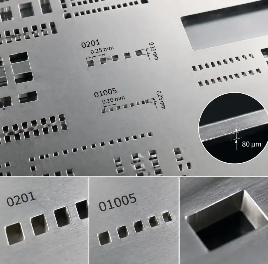 PCB stencil showing 0201 and 01005 aperture openings