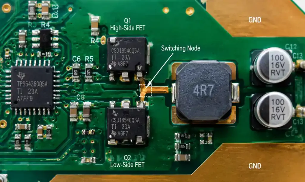 Power supply PCB layout showing minimized switching node copper area