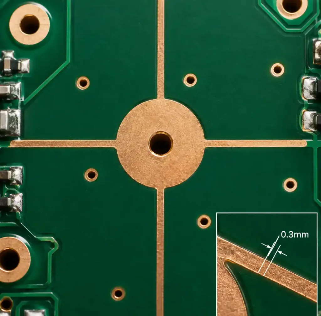 Thermal relief spoke pattern connecting through-hole pads to copper planes on PCB