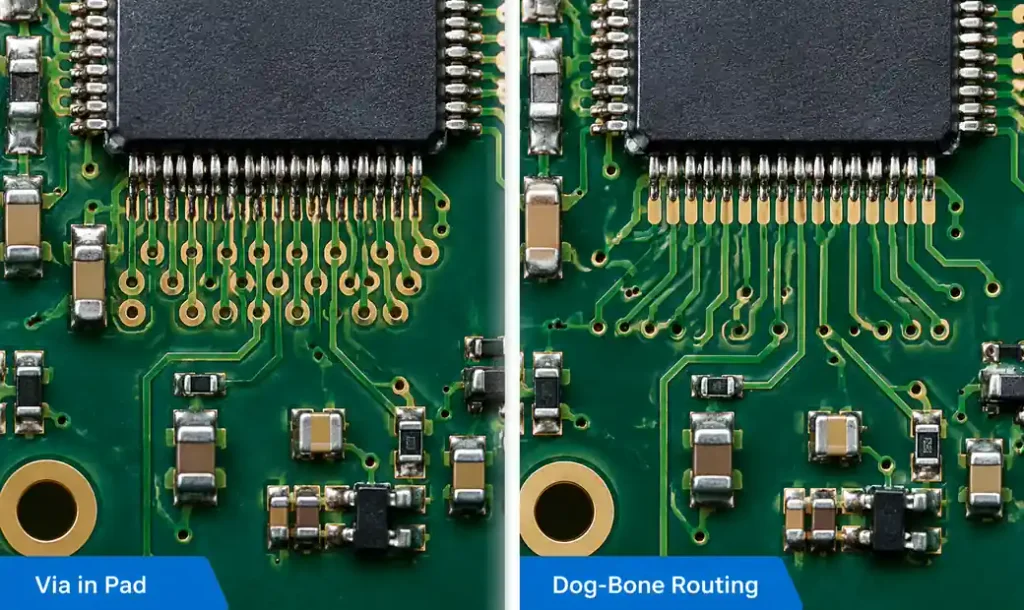 Comparison of via in pad versus traditional dog-bone via routing