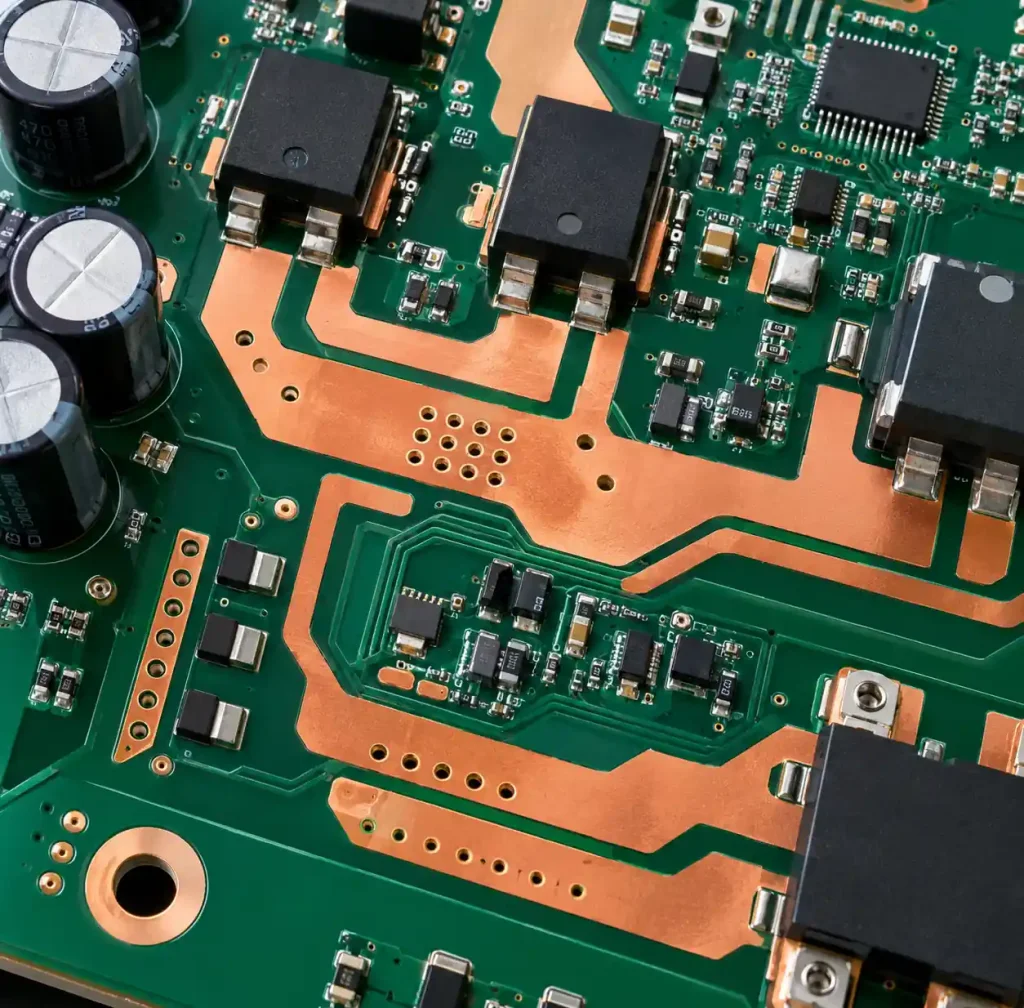 Power electronics PCB with 2oz copper showing wide power traces for motor control or battery management