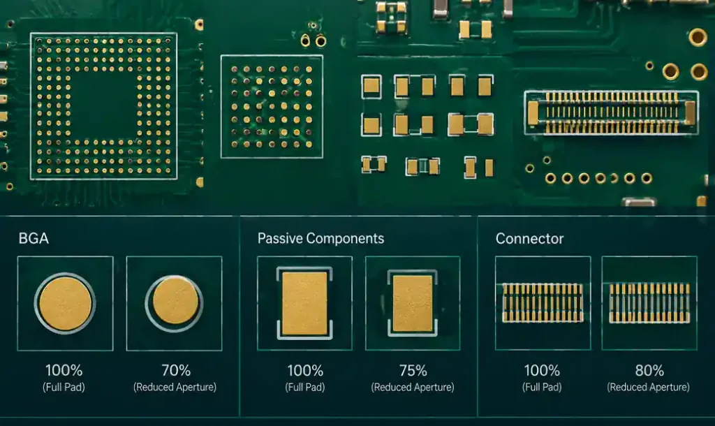 PCB pad layout with corresponding stencil aperture overlay showing size reduction for fine pitch components