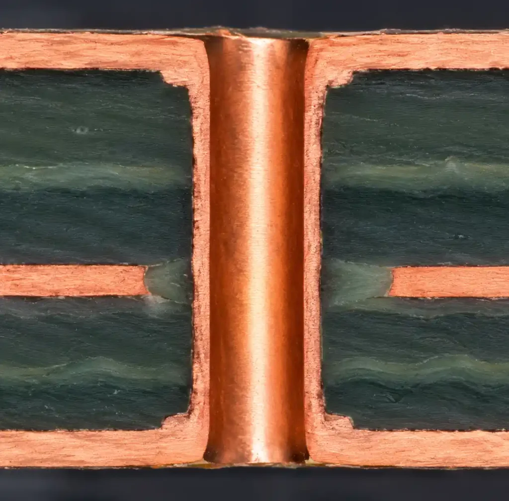 Microscope inspection of blind via copper plating quality and barrel thickness