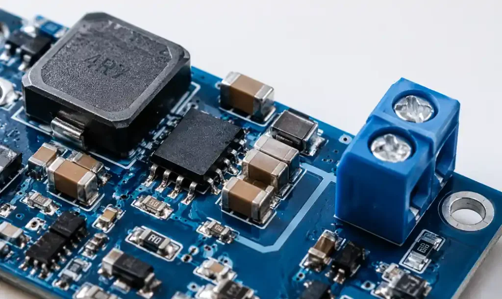 Boost converter PCB layout showing output capacitor bank configuration