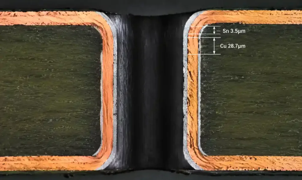 PCB plated through-hole microsection showing 30-35 micron copper plating thickness and tin surface finish