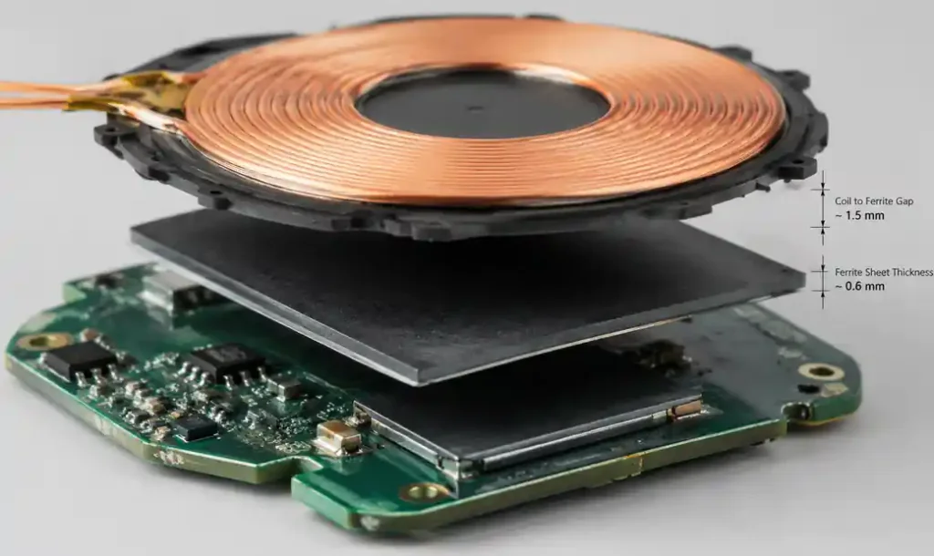 Ferrite backing sheet installed behind wireless charging coil PCB