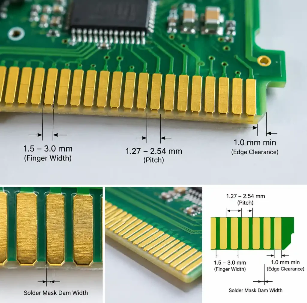 PCB gold finger design showing finger width, pitch spacing, and edge clearance measurements