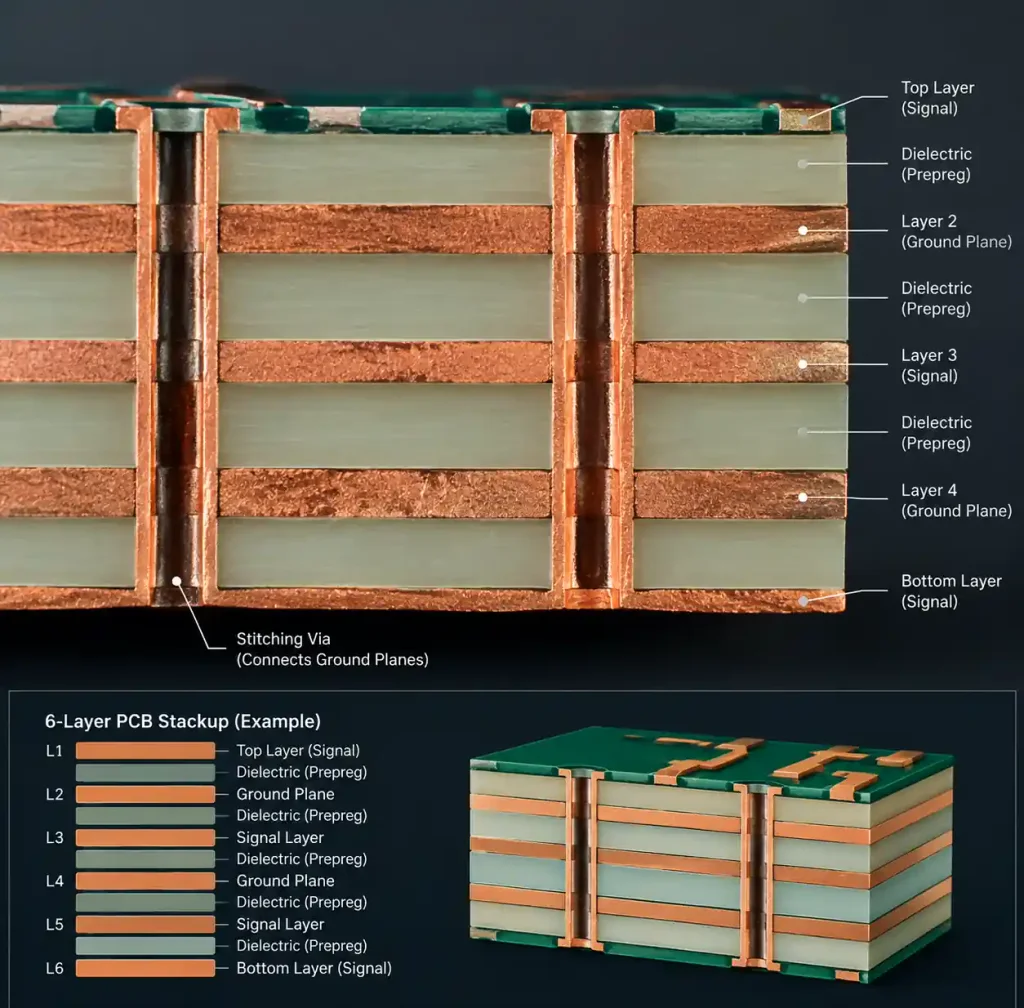 PCB cross-section view and layer stackup showing solid ground plane architecture with via connections