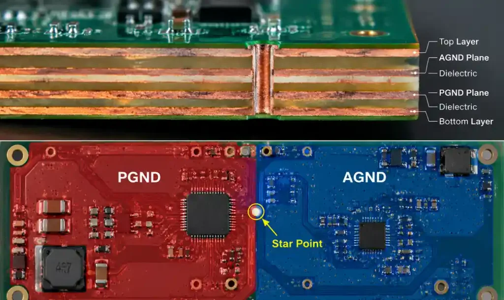 PCB showing split ground plane strategy with power ground and analog ground separation