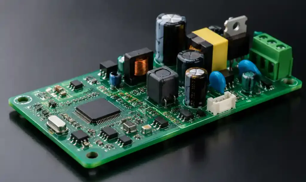 Mixed technology PCB showing SMT components and through-hole parts layout for wave soldering